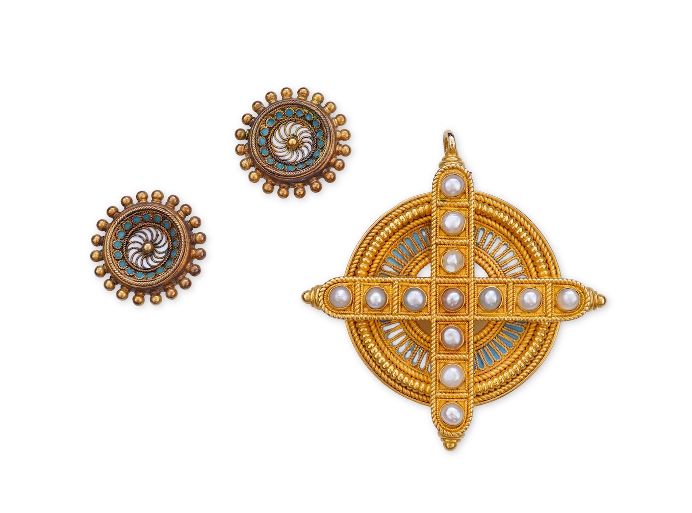 A gold, enamel and pearl pendant/brooch, mid 19th century, and a pair of earrings